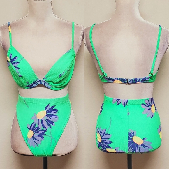 Vintage Other - La Blanca Vintage 80s Neon Lime Green Purple Tropical Floral High Rise Bikini 12